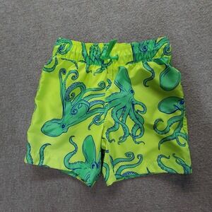 Sol Borne Boys Swim Trunks Neon Yellow Octopus Size XS (5) Elastic Tie Waist
